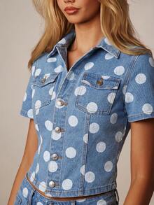 MISSGUIDED Polka Dot Denim Cropped Jacket With Short Sleeves Button Front Chest Pockets Retro Cute Summer Festival Style Everyday Blue - Light Wash - View 3