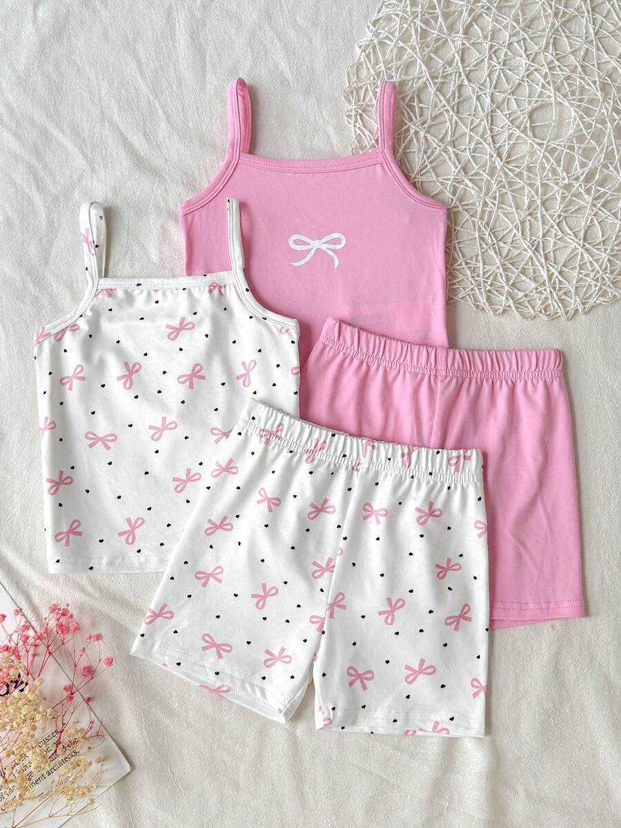 SHEIN 女童春夏季細肩帶上衣與短褲套裝,印花與素色配色,2件式內衣套裝,2套組合,四季皆宜 - 粉色 - 查看 1