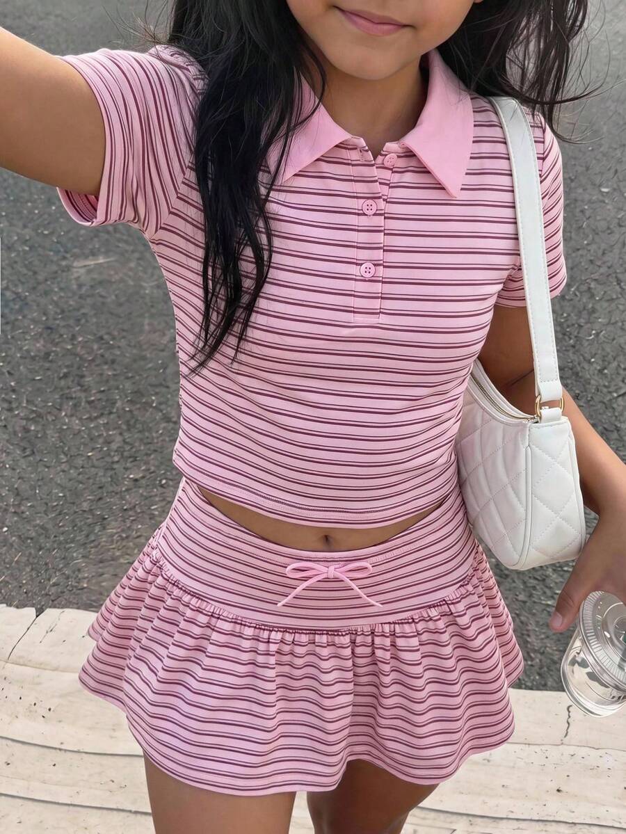 SHEIN 少女针织撞色条纹Polo领短袖T恤和裙子休闲套装 - 粉色 - 查看 1