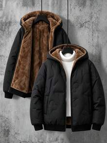 Teenager Fleece Hooded Thickened Zip-Up Padded Coat, Fashionable Minimalist Style, Suitable For Daily Outdoor Commute Wear Winter - Black - View 2