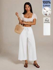 SHEIN PETITE 女款休閒棉麻混紡九分褲，卡其色，適合返校季、教師穿著 - 白色 - 查看 4