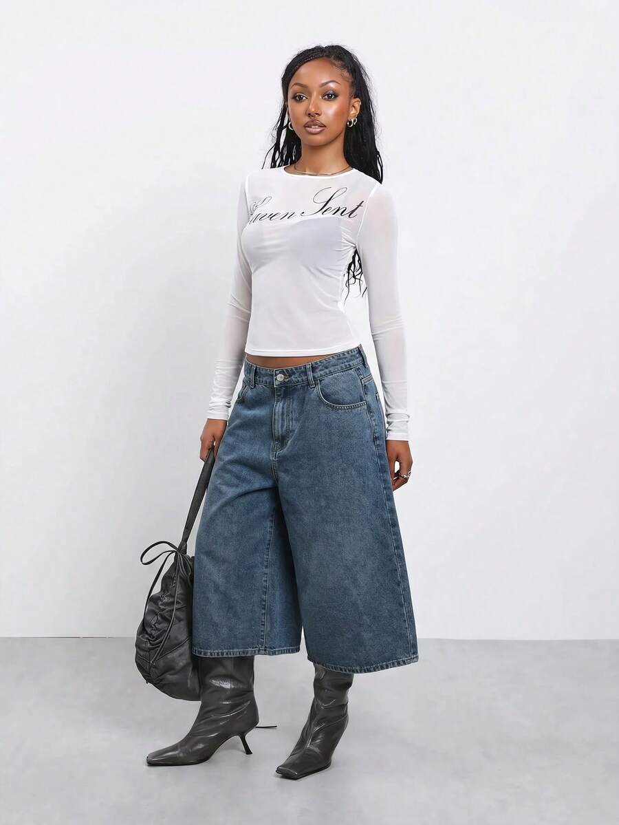 COUREZ Quần short jean dáng bóng cạp thấp màu than wash /Y2K mùa hè - Màu xanh lam - Xem 1