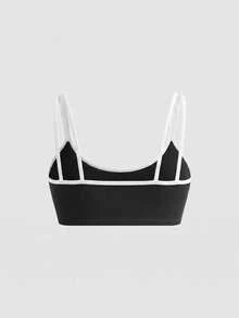 SHEIN Cheerettes 女款拼色休閒日常細肩帶運動內衣 - 黑與白 - 查看 4