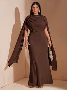 SHEIN BAE CURVE 大尺碼女款優雅百褶蝴蝶結晚宴洋裝 - 棕色 - 查看 3