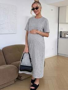 Slowluna 孕婦夏季休閒純色洋裝 - 灰色 - 查看 7