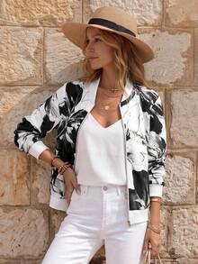 EMERY ROSE Chaqueta de béisbol con cuello de cremallera, de manga larga y estampado floral para mujer - Blanco y Negro - Ver 2