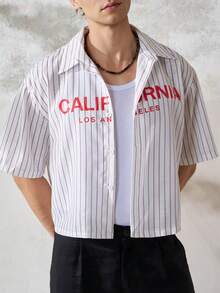 TONEVAULT Camisa de hombre de verano con estampado de letras y rayas - Blanco - Ver 3