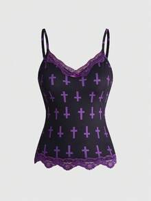 ROMWE Y2K Retro Musical Note & Staff Piano Keyboard Print Fitted Baby Tee With Lace Trim Tank Top 3 Pieces Set - Purple - View 10