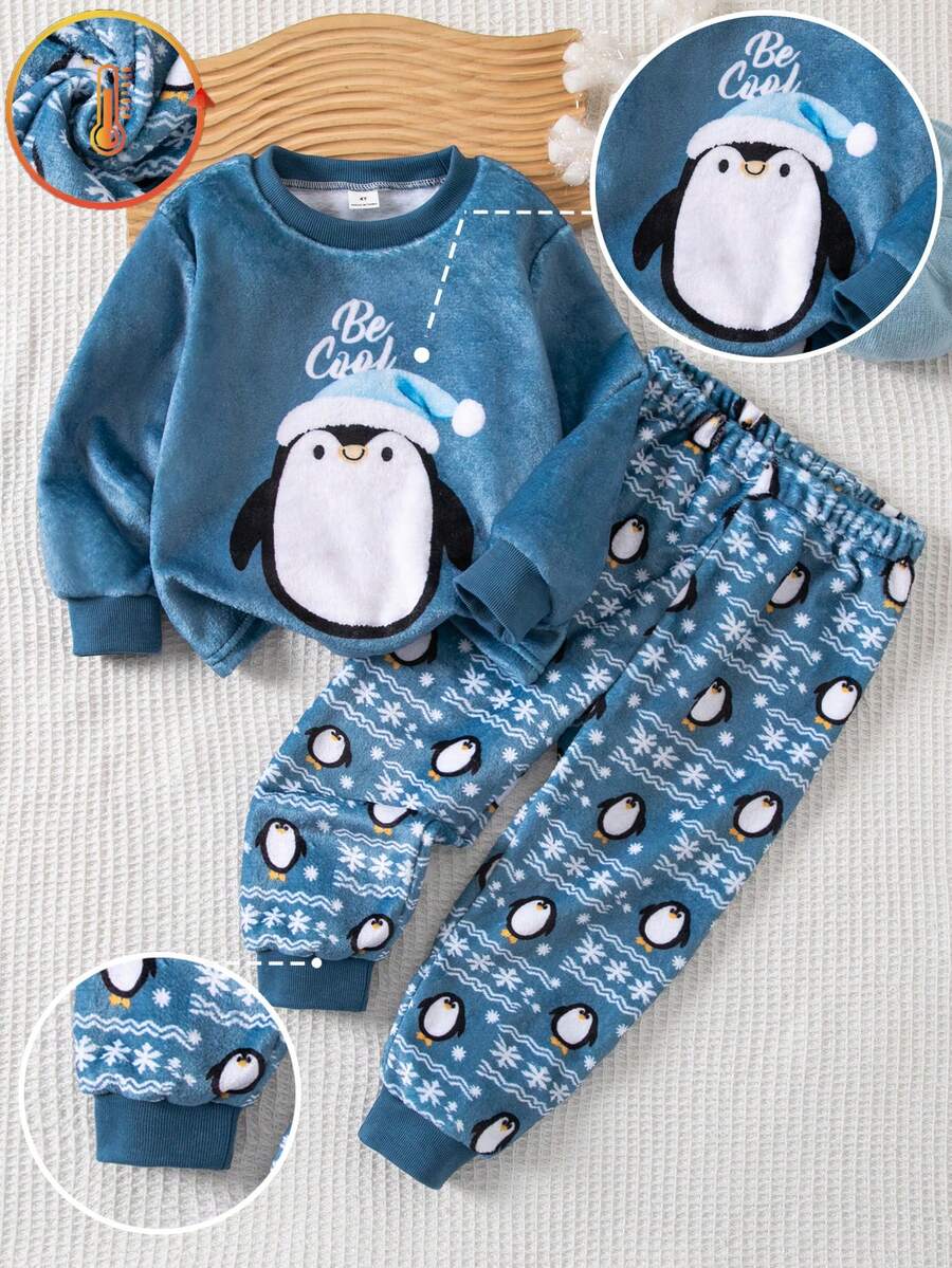 2件組男童幼兒圓領藍色雪花企鵝圖案長袖上衣與長褲舒適毛絨秋冬睡衣聖誕假期休閒款 - 彩色 - 查看 1
