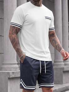 Manfinity CasualCool 男士條紋圓領短袖T恤與短褲休閒套裝 - 彩色 - 查看 5