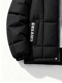 Teen Boys Fashion 2 In 1 Hooded Padded Coat, Colorblock Letter Print Zipper Loose Padded Coat, Suitable For Autumn/Winter Daily Streetwear - Black - View 4