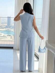 Feyla Fashionable Women's Sleeveless Blouse With Waist Detail And Matching Straight Leg Pants Suit - Blue - View 3