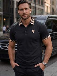 Manfinity Mode Men's Summer Checkered Short Sleeve Casual Commuter Polo Formal Shirt, Ceremony - Black - View 4