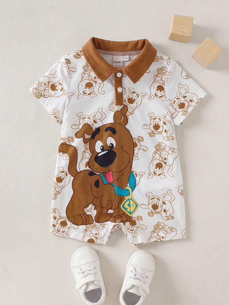 SCOOBY-DOO X SHEIN 男婴卡通印花短袖Polo领连体衣 - 棕色 - 查看 1