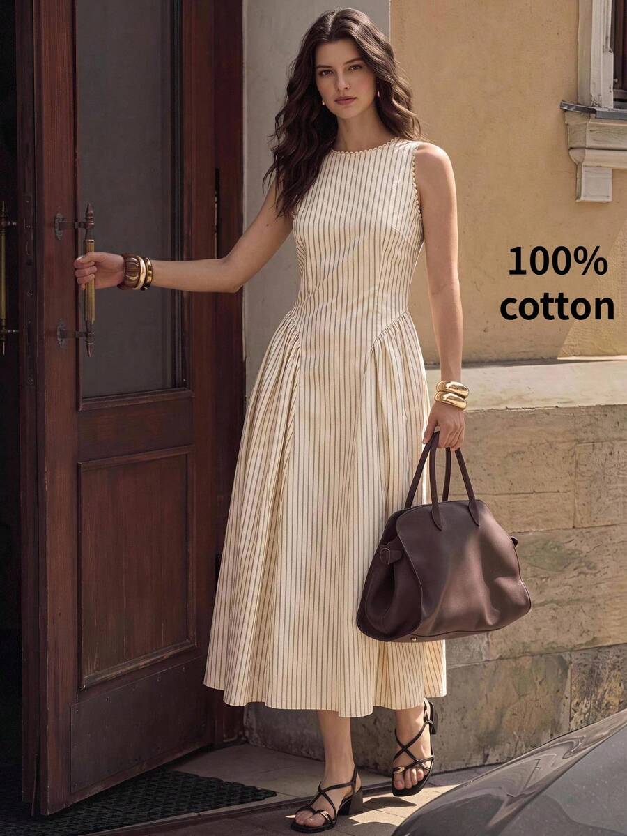 BizChic Waist-Cinched Lace Trim Patchwork Pleated Striped Dress, Elegant Sexy French Vintage Business Commute Date Daily Vacation Halloween Back To School Party Birthday Slimming Elegant Versatile Autumn Wedding Guest Church Special Occasion Office Formal Vacation Style Light Luxury Minimalist