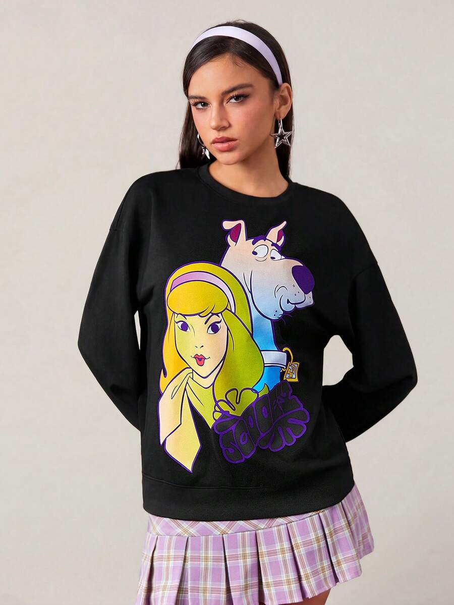 SCOOBY-DOO X SHEIN Women's Casual Gradient Cartoon Printed Loose Fit Drop Shoulder Sweatshirt, Spring/Autumn - Black - View 1