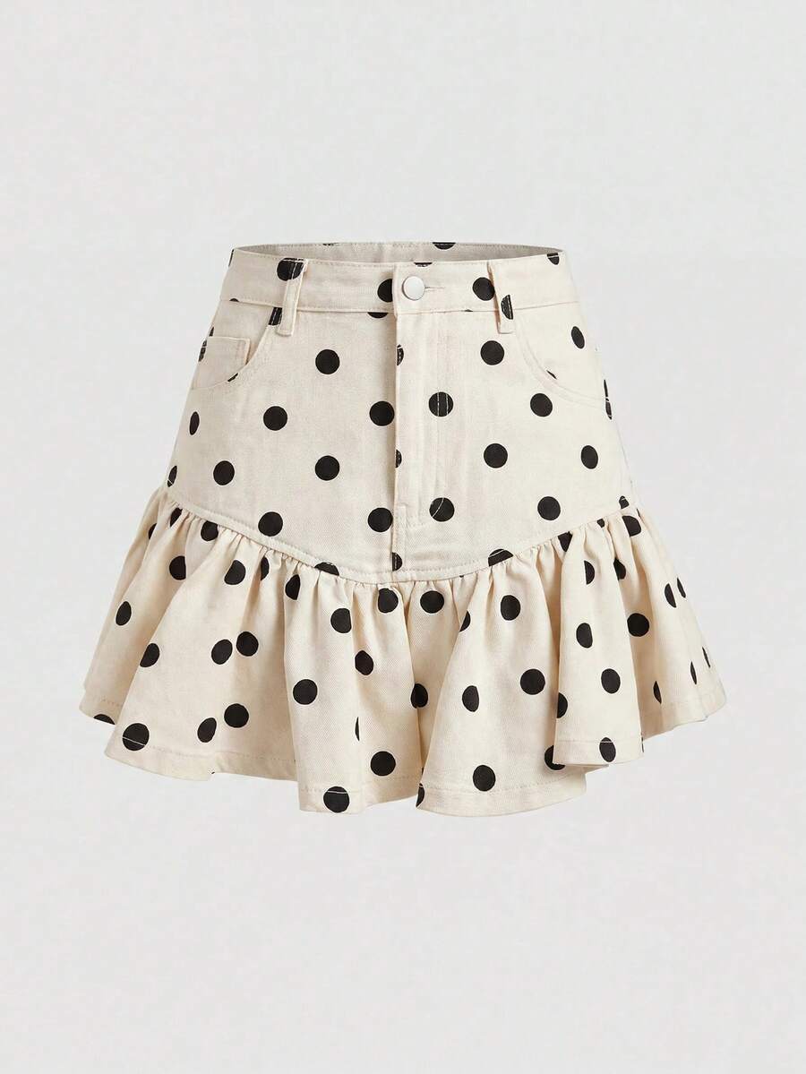 SHEIN MOD 女款波點圖案荷葉邊牛仔裙 - 彩色 - 查看 1