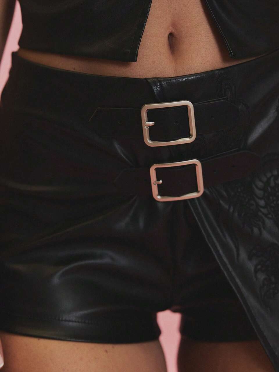 Black Pu Embroidered Layered Buckle Mini Shorts