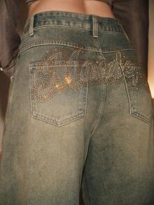 Anewsta Women's Street Fashion Rhinestone Studded Pocket Button Loose Fit Denim Jeans - Dark Wash - View 6