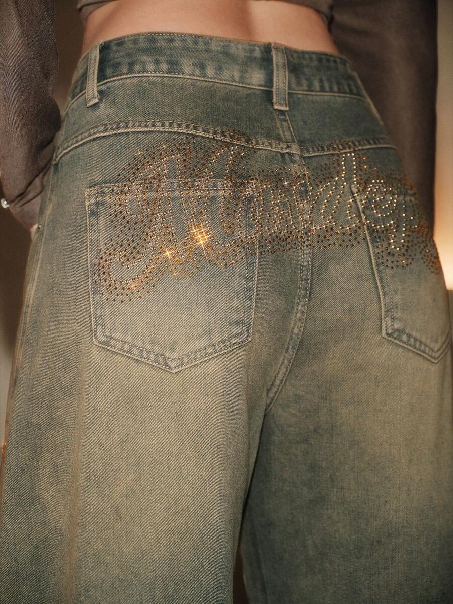 Anewsta Women's Street Fashion Rhinestone Studded Pocket Button Loose Fit Denim Jeans - Dark Wash - View 1