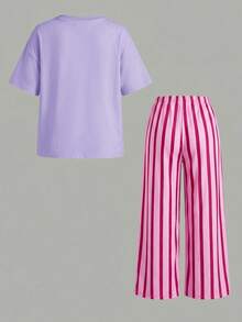 SHEIN LMoss Kids 女童字母香蕉印花短袖T恤與條紋長褲休閒日常套裝 - 淡紫色 - 查看 2