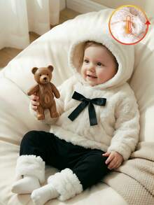 SHEIN Playful Pals 2件組女嬰Y2K親子套裝街頭風蝴蝶結羊羔絨長袖連帽衛衣與內搭褲開學季冬季服飾米白色黑色 - 黑與白 - 查看 5