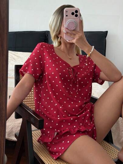 Napfluff Women's Heart Print Ruffle Trim Short Sleeve & Shorts 2 Pieces Pajama Set