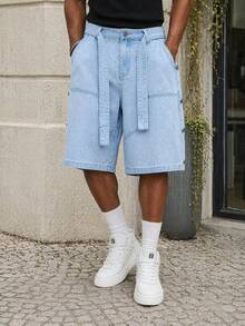 Manfinity EZcore Men Plus Size Casual Wide Leg Denim Shorts With Multi-Buckle Belt, Street Fashion - Light Wash - View 5