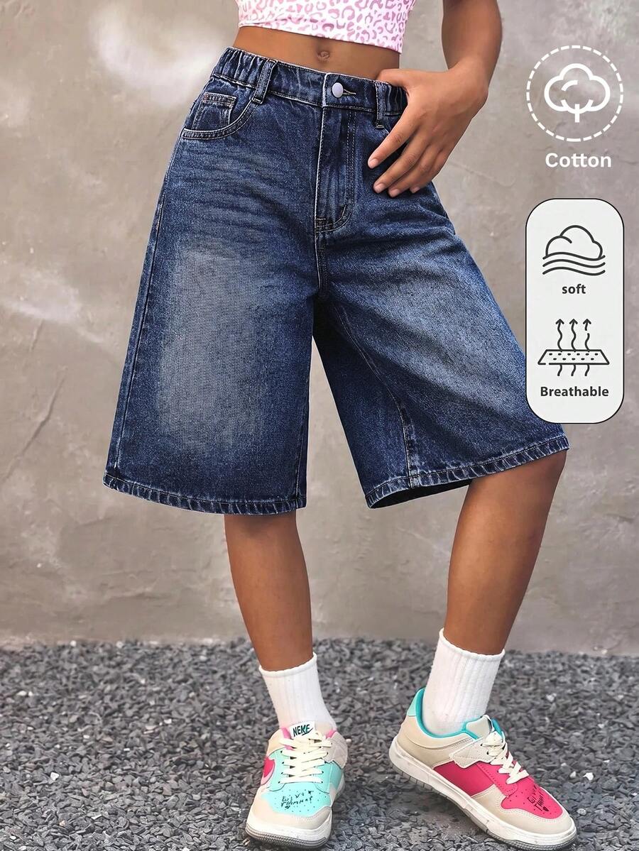 SHEIN Tween Girl Girls' Blue Denim Loose Capri Pants 10Y Y2k Blue Summer Fall Independence Day Wedding - Blue - View 1