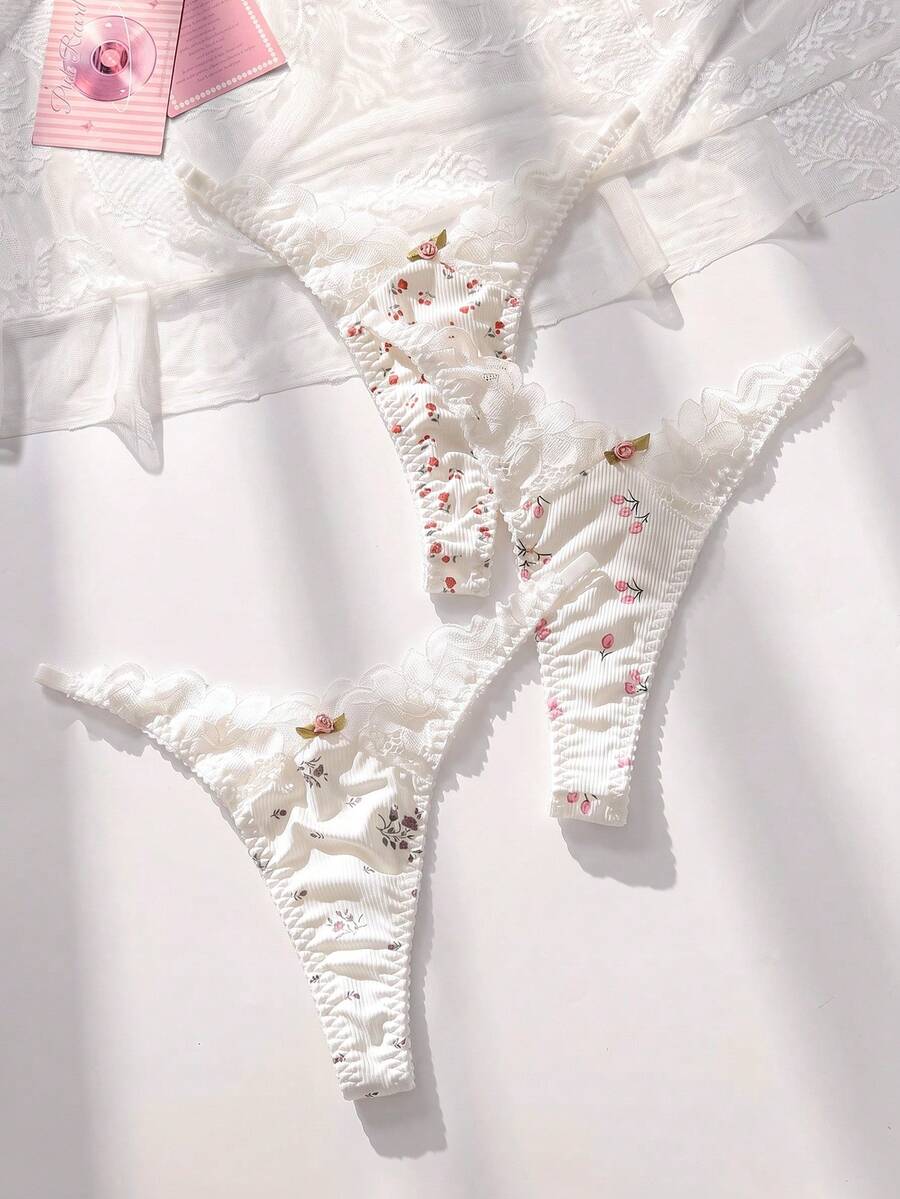 PetitDoll 3packs Ditsy Floral Lace Trim G-String Sexy Lingerie - Multicolor - View 1