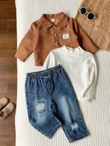 SHEIN 3 pezzi/Set Outfit casual autunno/inverno per neonato maschio, include maglietta interna, camicia bianca a collo medio e jeans in denim, set camicia, set giacca, set denim, outfit autunno/inverno per neonato - Multicolore - Visualizzare 5