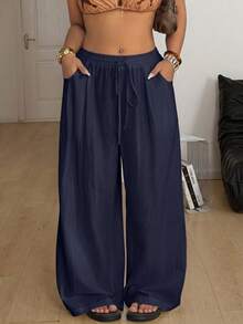 Coolane 大尺碼女款夏季秋季外出正式度假休閒波希米亞風寬鬆抽繩腰棉質高腰長褲 海軍藍 - 藏蓝色 - 查看 2
