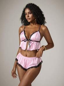 DreamPoppy 2pcs/Set Women's Pink & White Striped Lace Patchwork Pajama Set, Loungewear Set - Pink - View 5