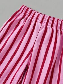 SHEIN LMoss Kids 女童字母香蕉印花短袖T恤與條紋長褲休閒日常套裝 - 淡紫色 - 查看 8