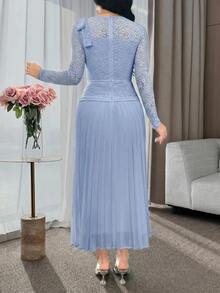 Feyla Women's Light Blue Crew Neck Lace And Pleated Midi Dress With Bow Detail Elegant Party Dress - Blue - View 2