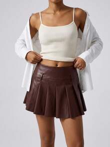 DAZY Rok Mini Wanita Warna Polos Berlipit dari Kulit PU, Modis, Serbaguna, Cocok untuk Kencan & Bepergian di Musim Gugur - Coklat - View 6