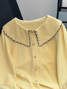 Franclia New Arrival Colorblock Cute Puff Sleeve Women's Blouse - Yellow - View 3