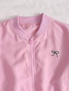 SHEIN Sparklyn 青少年女孩秋季套裝 2 件組，拼色條紋拉鍊外套附刺繡蝴蝶結細節，搭配鬆緊腰長褲 - 粉色 - 查看 8