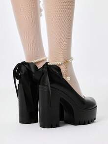 ROMWE Kawaii Sepatu Hak Tinggi Platform Seksi Wanita, Gaya Punk Gothic Gelap Elastis dengan Desain Mutiara dan Pita Renda, Modis dan Serbaguna - Tinta hitam - View 5
