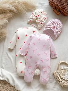 SHEIN Vintaside Kids 秋冬新生兒蝴蝶結印花可愛嬰兒連身衣 + 帽子 - 彩色 - 查看 5