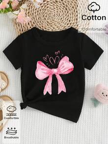 Girls' Fashionable Fresh Minimalist Pink Bow Print Basic Cotton Short T-Shirt, Comfortable Daily Wear Black Top - Black - View 5
