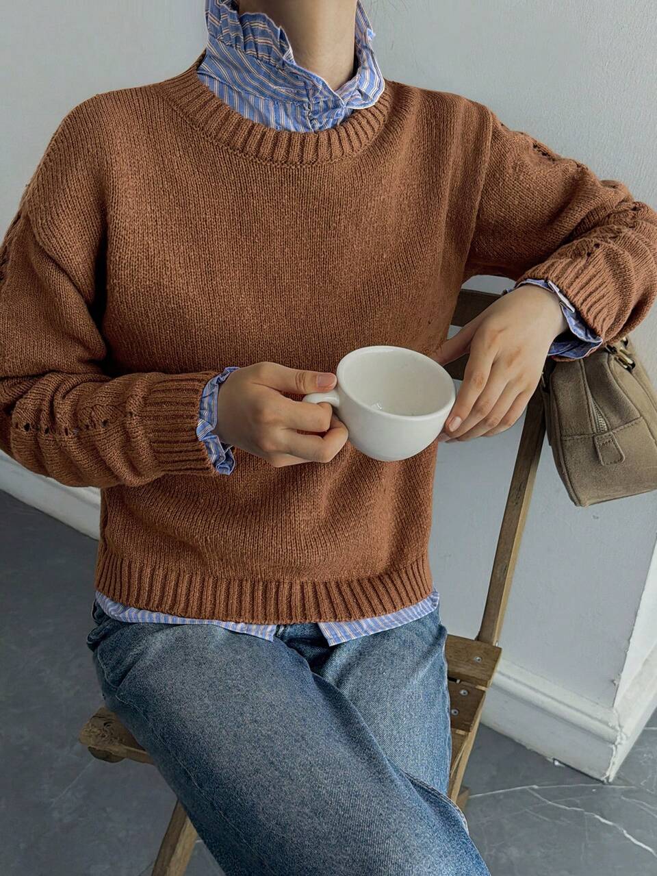 Solid Color Loose Long Sleeve Pullover Knit Sweater Casual Old Money Vacation Autumn/Winter Women's Sweater