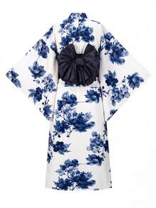 Irokai 日式傳統夏季女款兩件式浴衣和服，水墨印花，白色，度假風，傳統文化風格（不含腰帶） - 藍色 - 查看 2