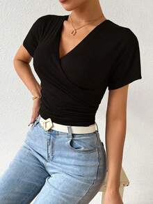 SHEIN Raffinéa Surplice Neck Ruched Side Tee - Black - View 4
