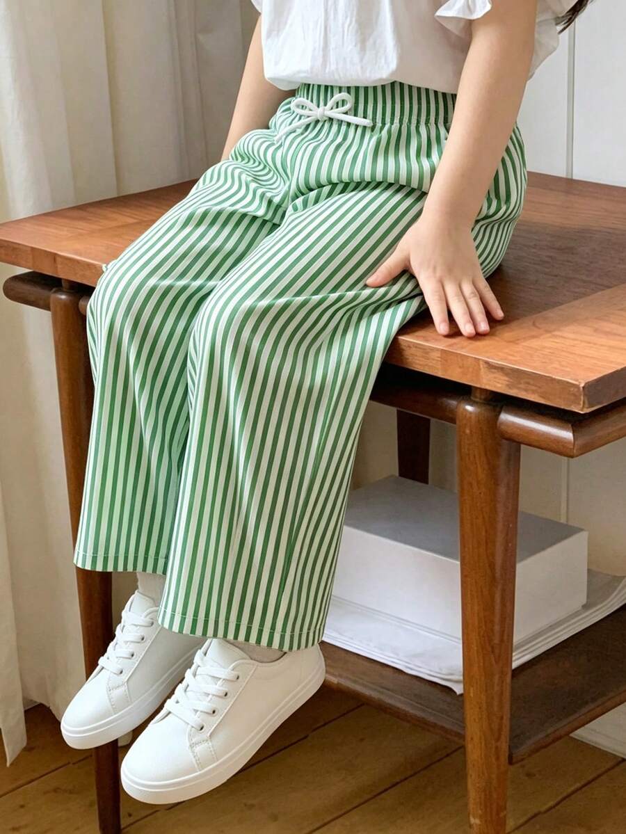 Genkimix Kids 女童蝴蝶結長褲,休閒可愛學院風,寬鬆舒適,適合秋冬開學季,戶外運動日常穿搭套裝 - 綠色 - 查看 1