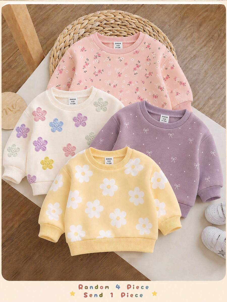 奶油白可愛甜美刺繡花卉圖案女嬰休閒極簡厚實柔軟舒適圓領套頭運動衫,適合秋冬日常穿著,秋季氛圍、冬季時尚、南瓜季、萬聖節 - 彩色 - 查看 1