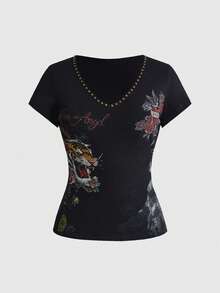 ROMWE Plus Size Street Style Rivet Animal Print Short Sleeve T-Shirt - Black - View 1