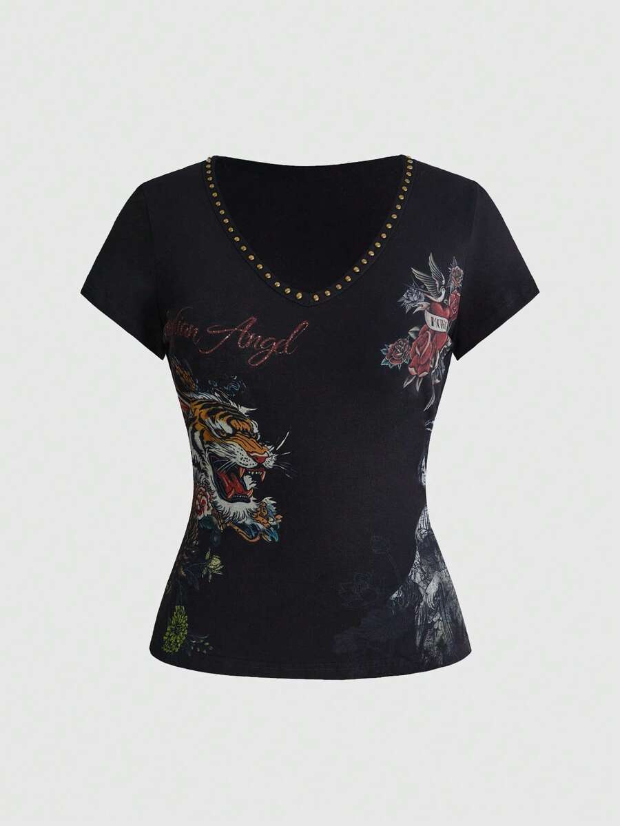 ROMWE Plus Size Street Style Rivet Animal Print Short Sleeve T-Shirt - Black - View 1