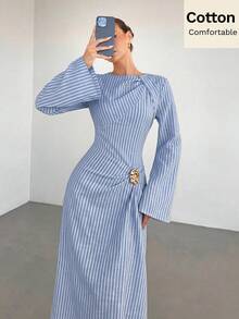 Siren Gaze 女款純色扭結設計前襟金屬扣裝飾喇叭袖長袖洋裝，女款婚禮賓客禮服，女款冬季洋裝 - 藍白色 - 查看 5