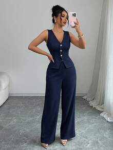 Elenzga Women's Elegant Sleeveless Blazer Vest And Pants Suit Set, Business/Commute Style, Summer - Navy Blue - View 6